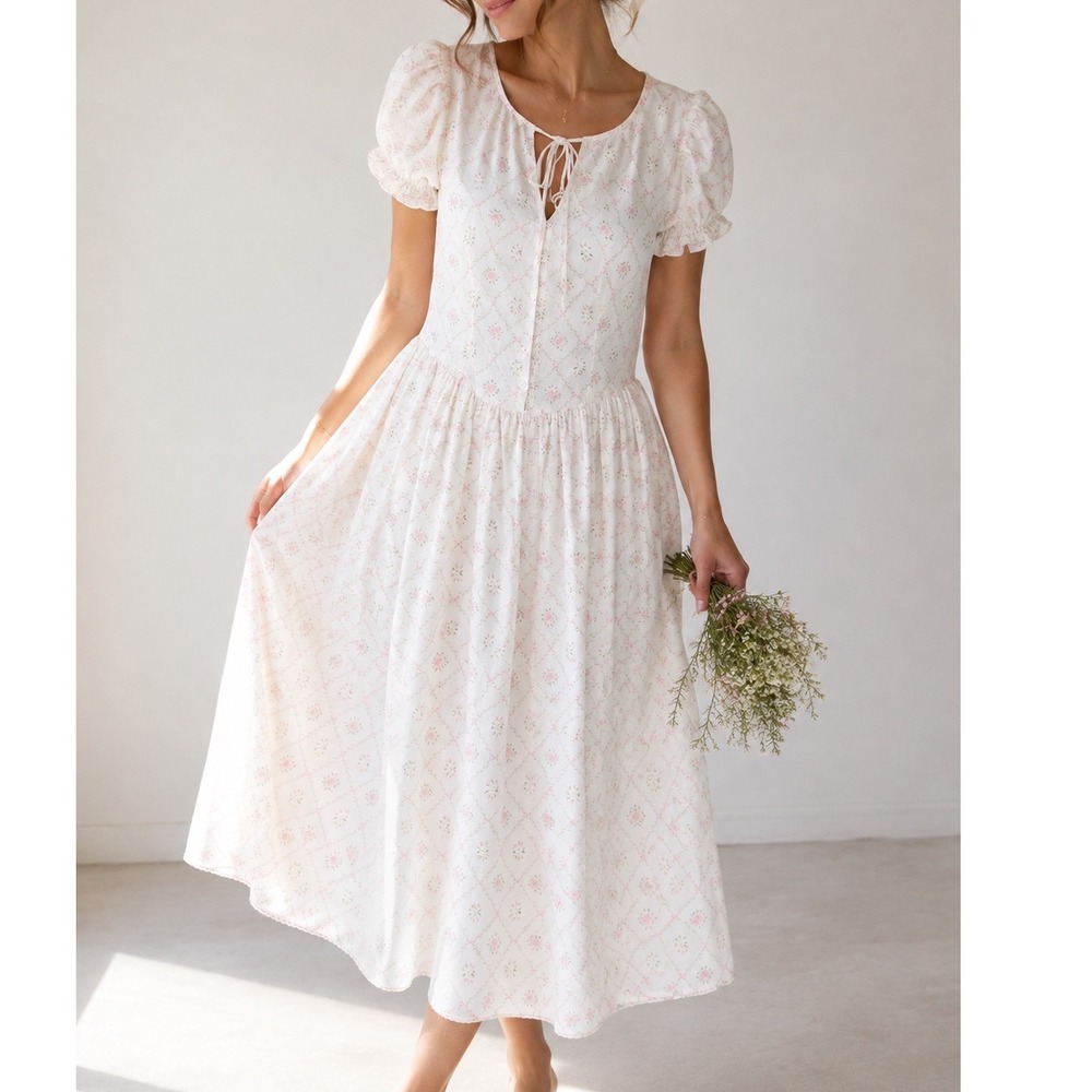 Jacquie The Label Floral Drop Waist White Pink Puff Sleeve Midi Dress Small NWOT